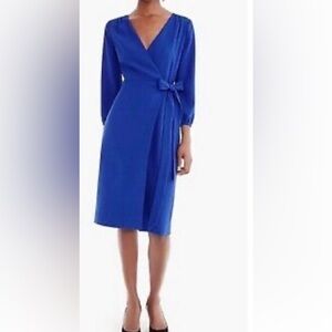 J Crew Wrap Dress 365 Crepe Long Sleeve Tie Waist Ocean Cobalt Blue Size 2
